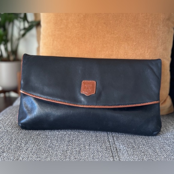 Celine Handbags - Celine Black Vintage Leather Envelope Clutch with Brown Trim